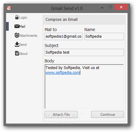 Gmail Send screenshot 1 - Gmail Send has a simple interface that allows you to write your messages and input the receiver e-mail address.